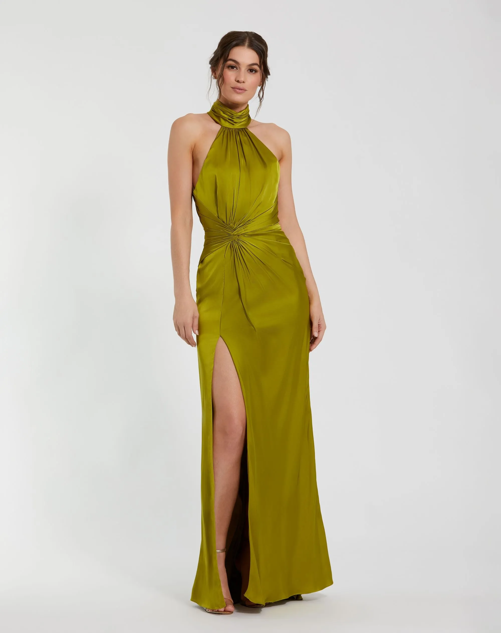 Dark Green Open Back High Neck Side Ruched Gown sold by Mac Duggal