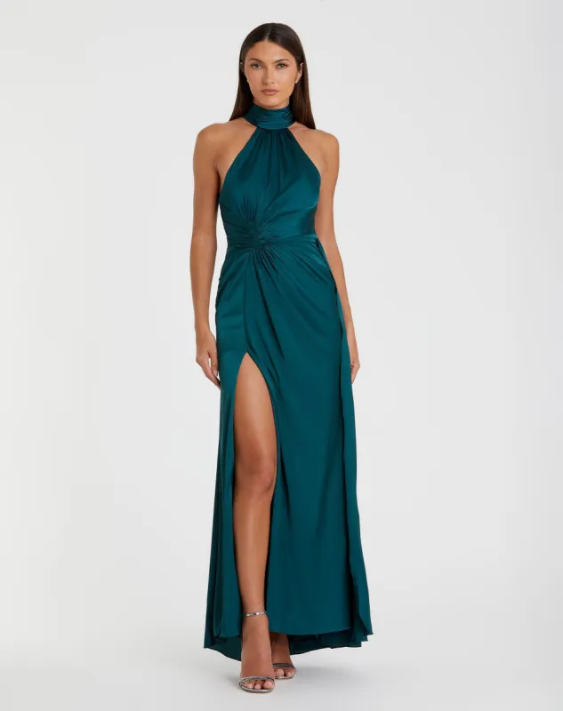 Blue Open Back High Neck Side Ruched Gown sold by Mac Duggal