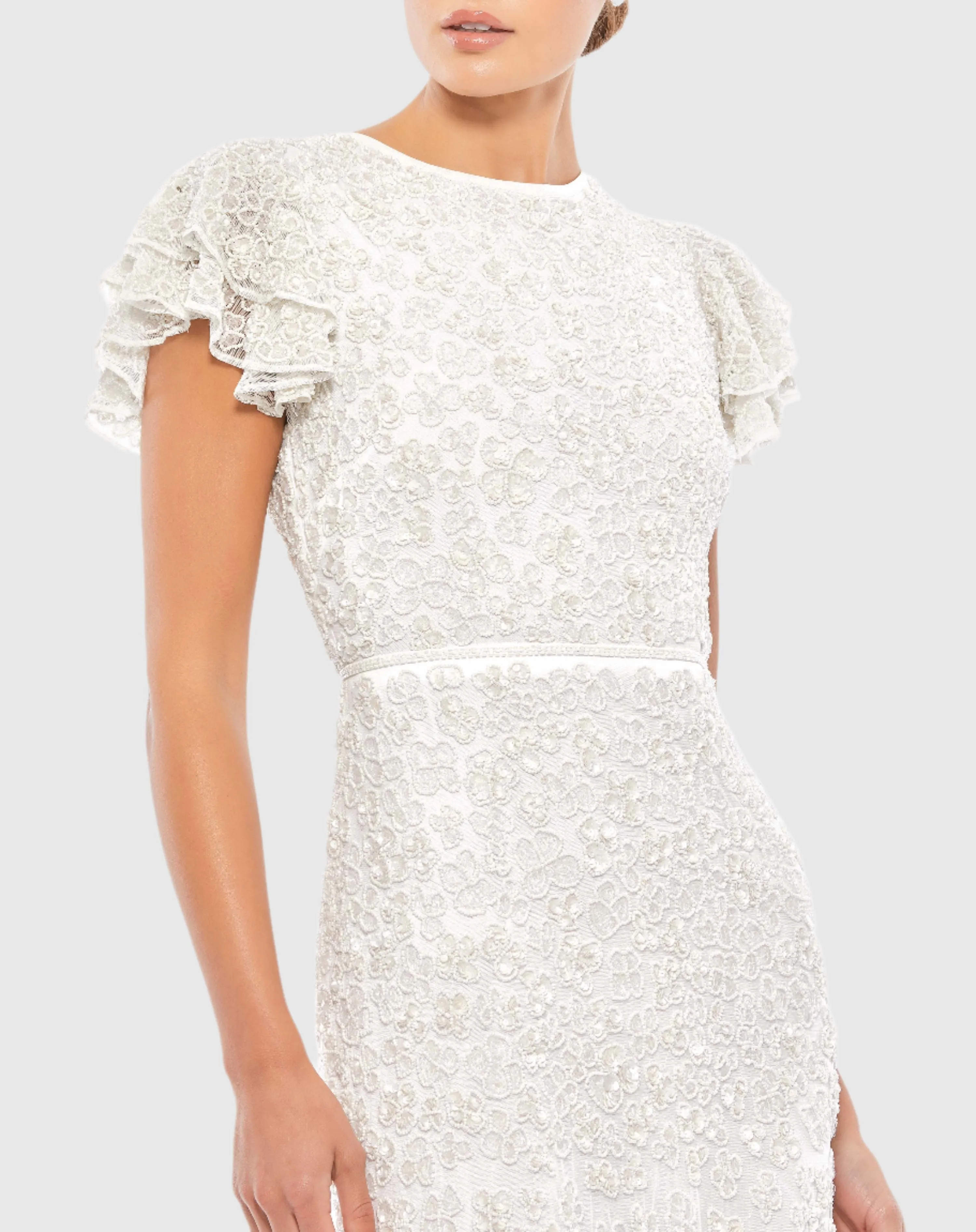 White High Neck Flutter Cap Sleeve Gown sold by Mac Duggal product image thumbnail 2