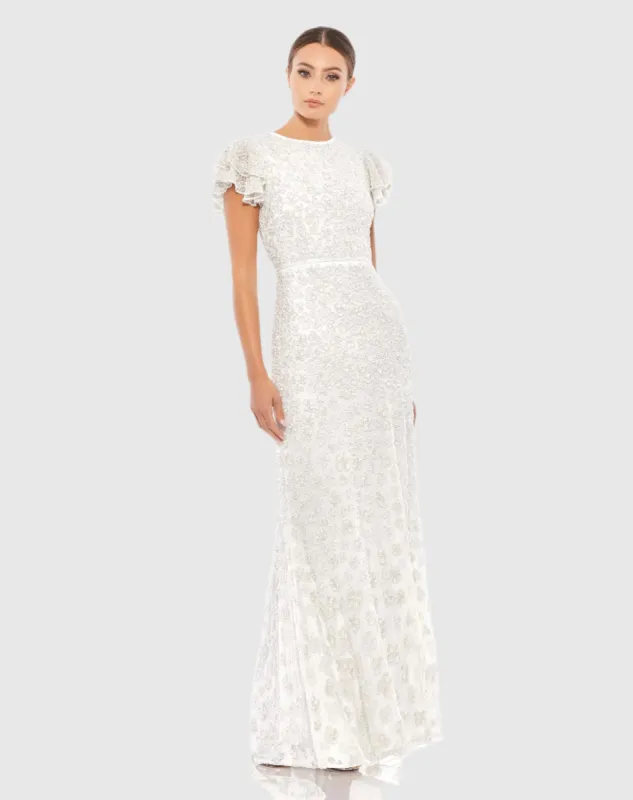White High Neck Flutter Cap Sleeve Gown sold by Mac Duggal