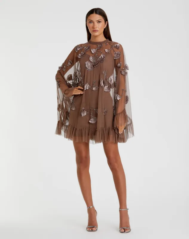 Brown Embellished Long Sleeve Trapeze Dress with Ruffle Hem sold by Mac Duggal