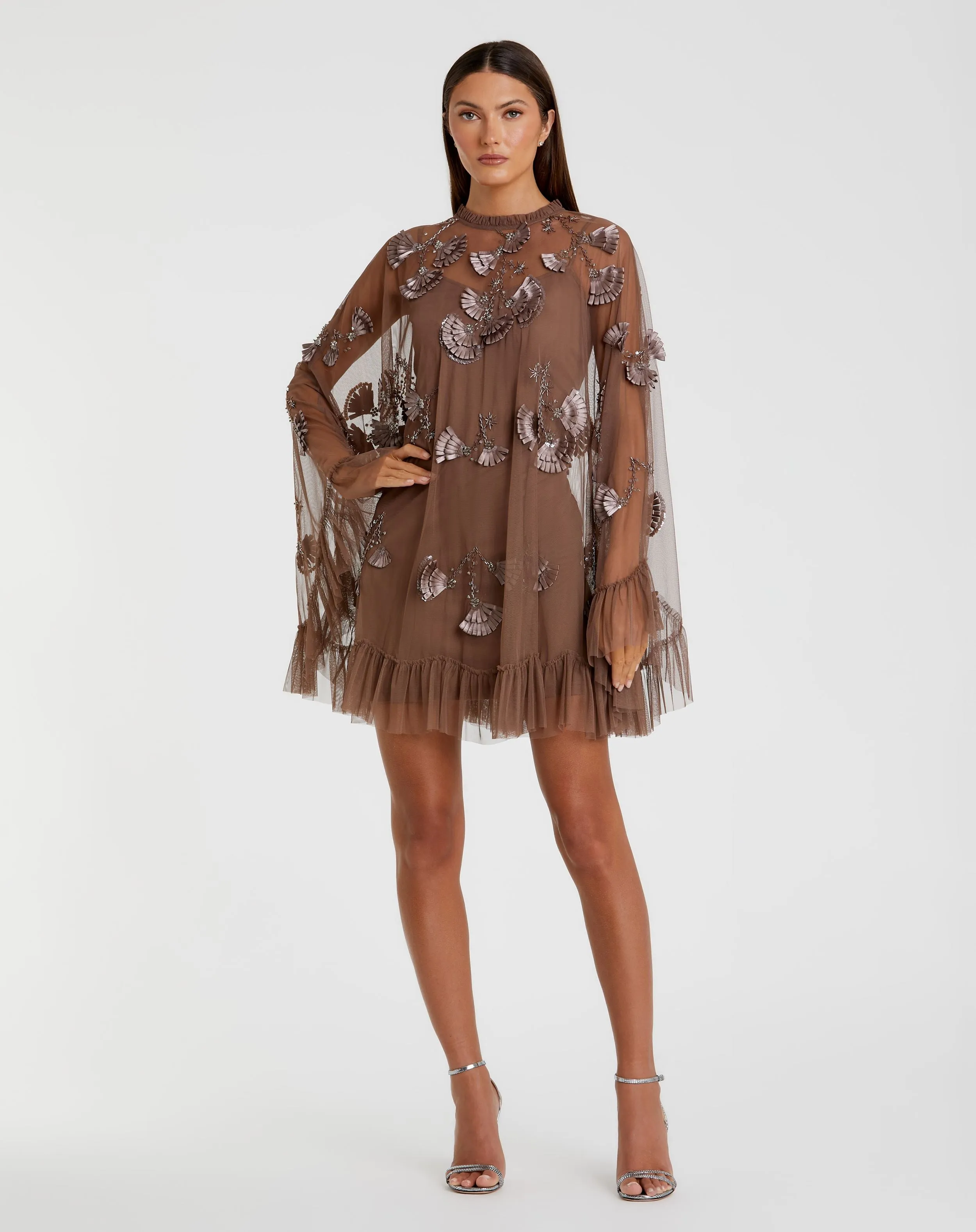 Brown Embellished Long Sleeve Trapeze Dress with Ruffle Hem sold by Mac Duggal