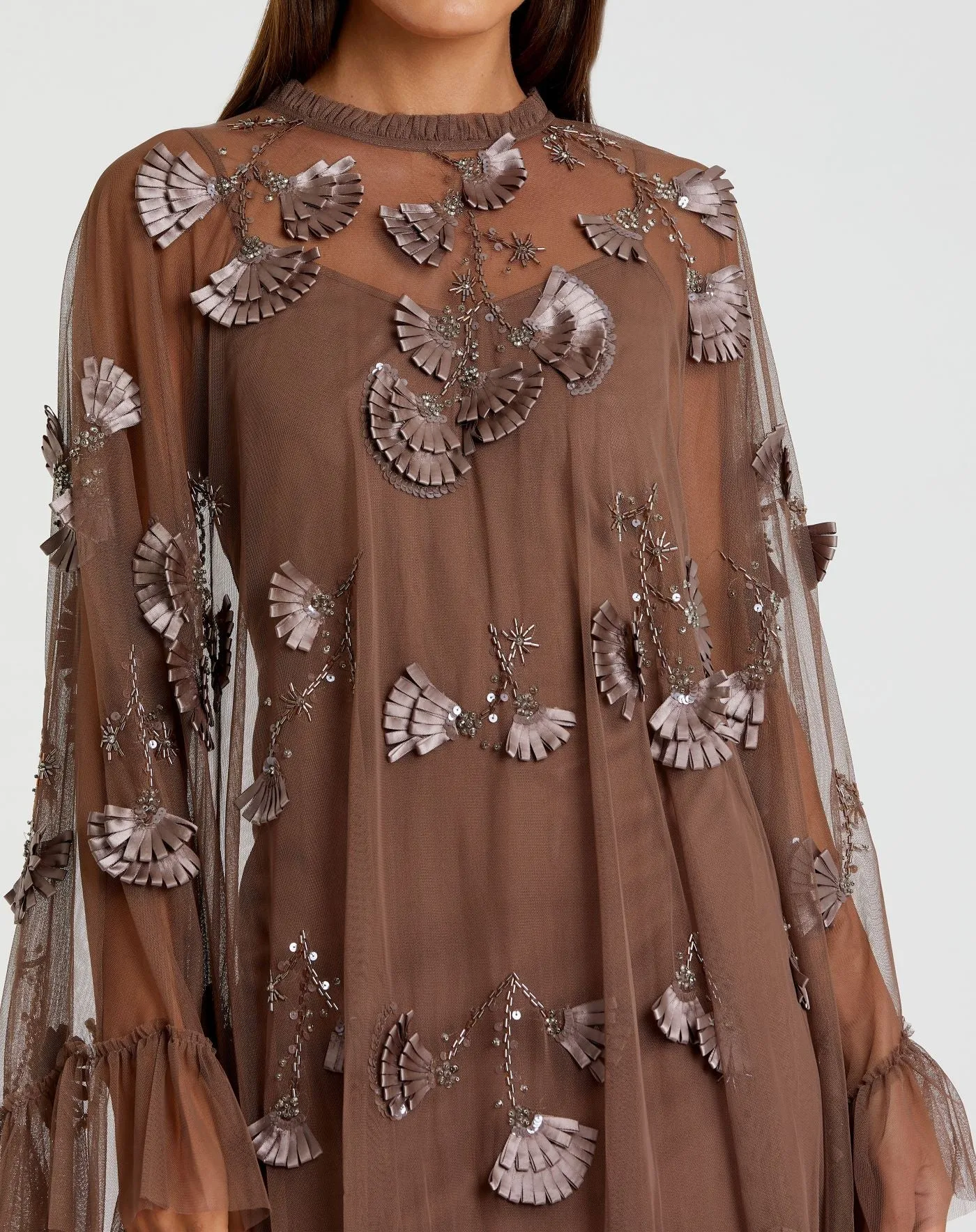 Brown Embellished Long Sleeve Trapeze Dress with Ruffle Hem sold by Mac Duggal product image thumbnail 2