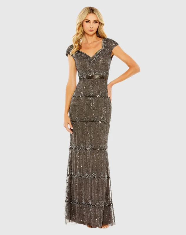 Brown Sequin Cap Sleeve Sweetheart Column Gown sold by Mac Duggal