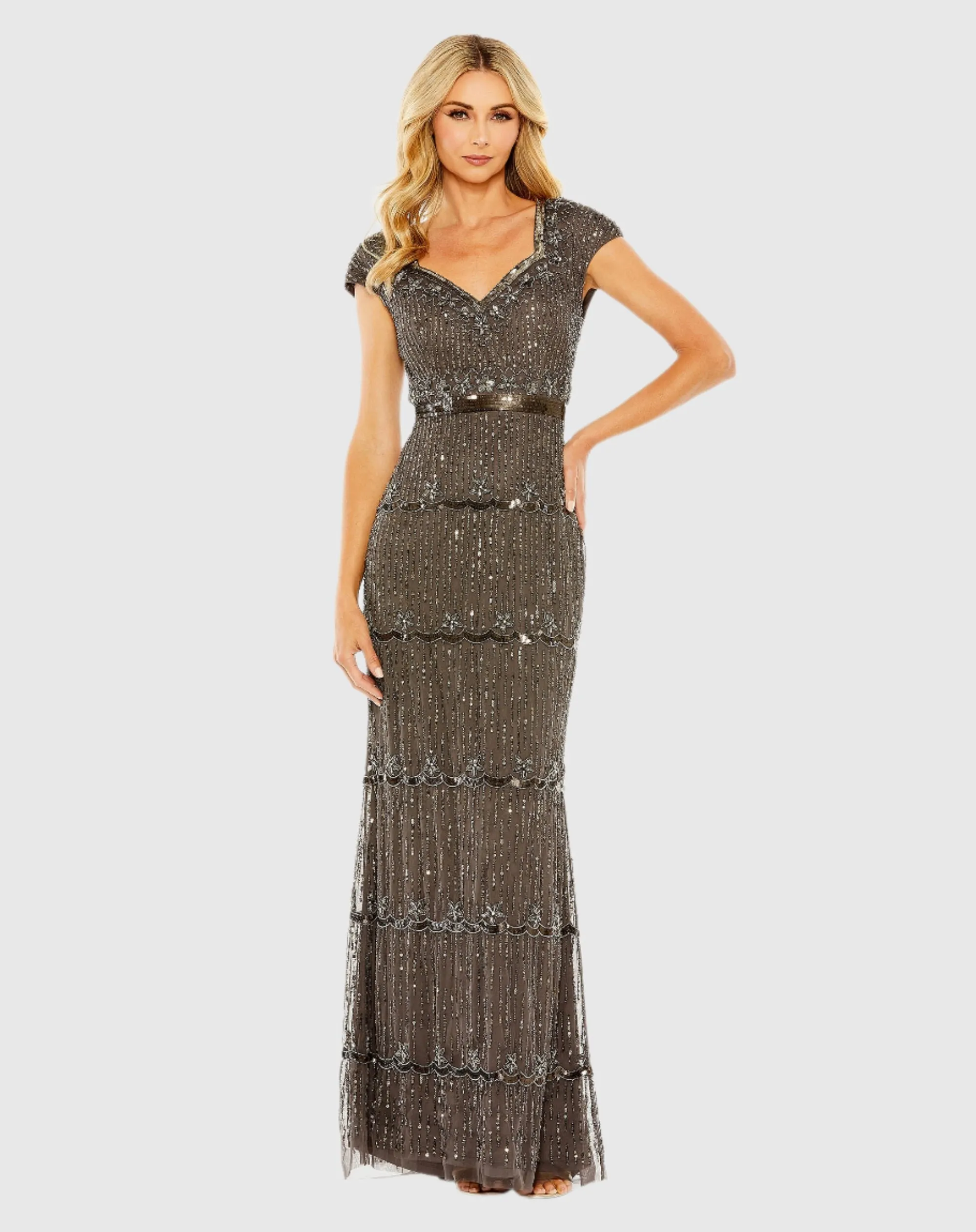 Brown Sequin Cap Sleeve Sweetheart Column Gown sold by Mac Duggal