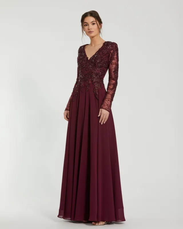 Red Embellished Illusion V Neck Long Sleeve Gown sold by Mac Duggal