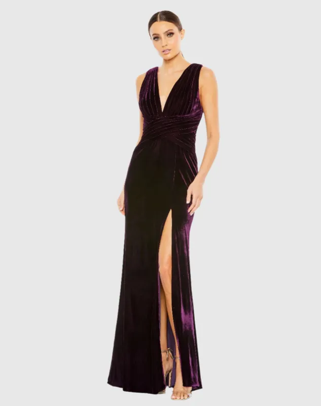 Purple Velvet Pleated Sleeveless Plunge Neckline Gown sold by Mac Duggal