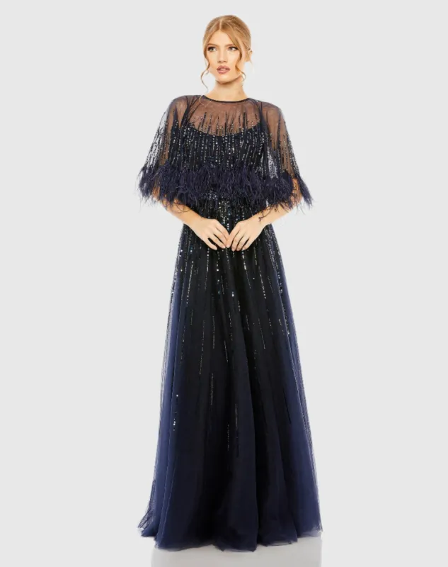 Navy Embellished A Line Gown with Feather Detail Cape sold by Mac Duggal