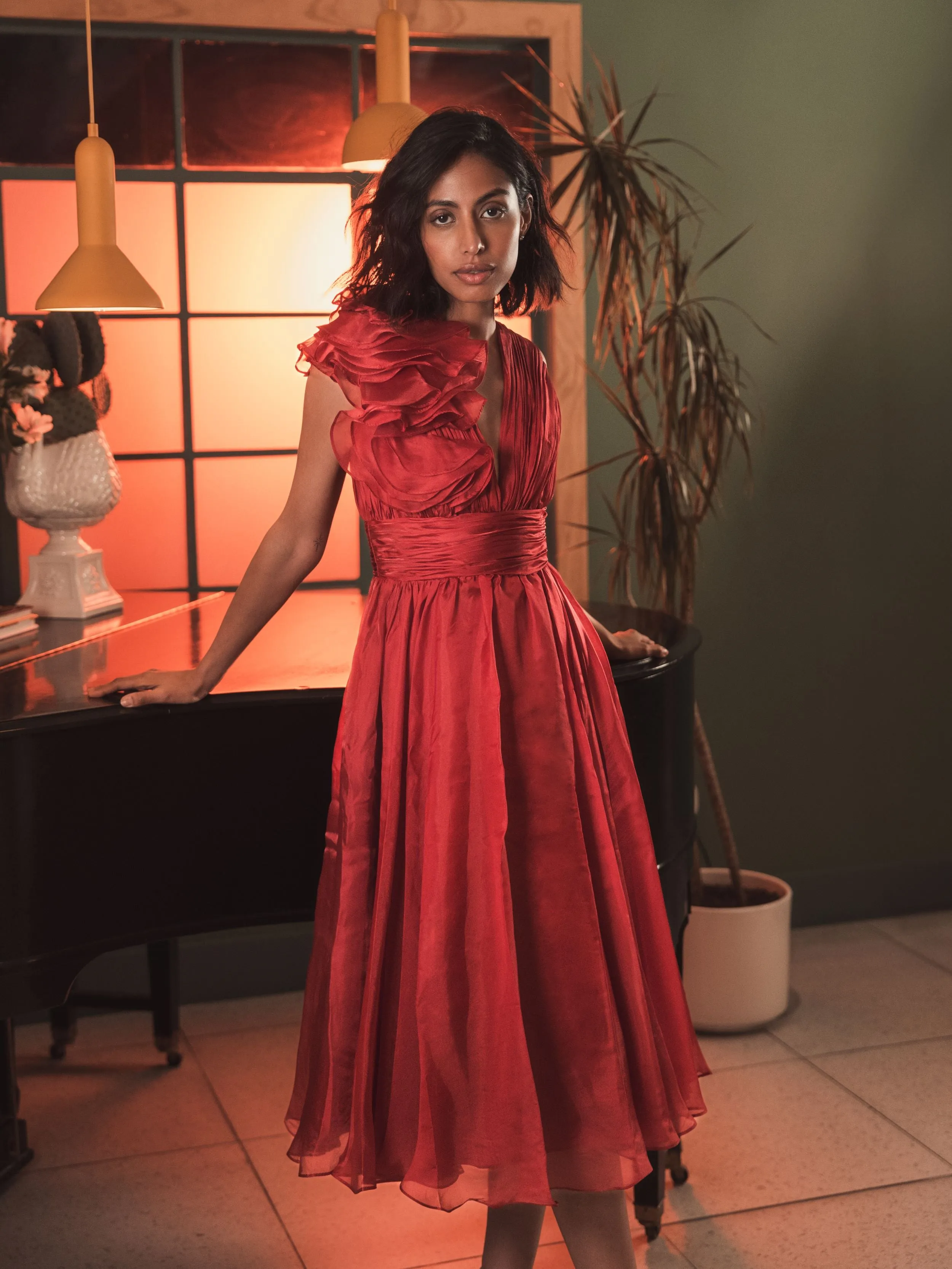 Red Sleeveless Chiffon A-Line Tea Length Cocktail Dress sold by Mac Duggal product image thumbnail 4