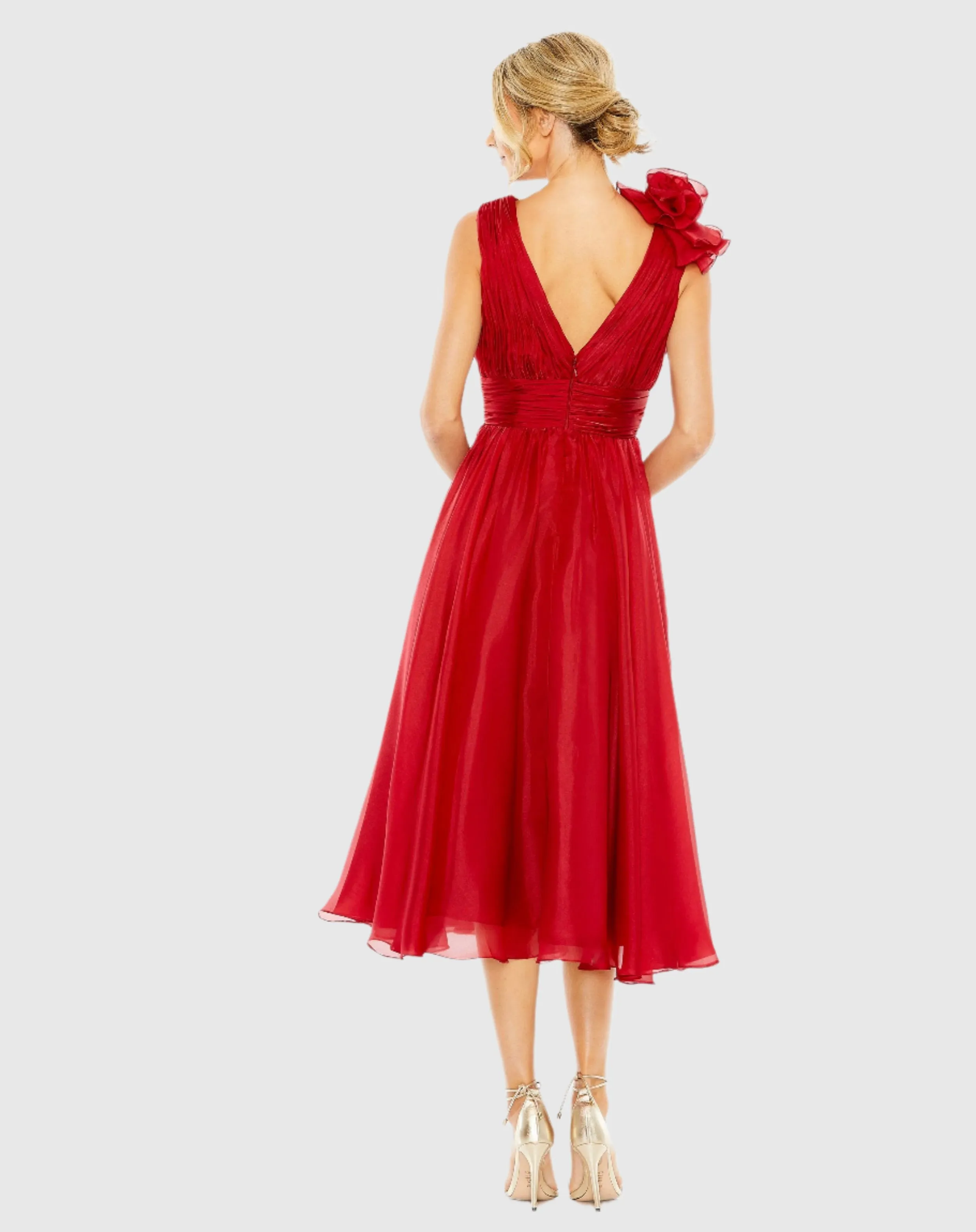 Red Sleeveless Chiffon A-Line Tea Length Cocktail Dress sold by Mac Duggal product image thumbnail 3