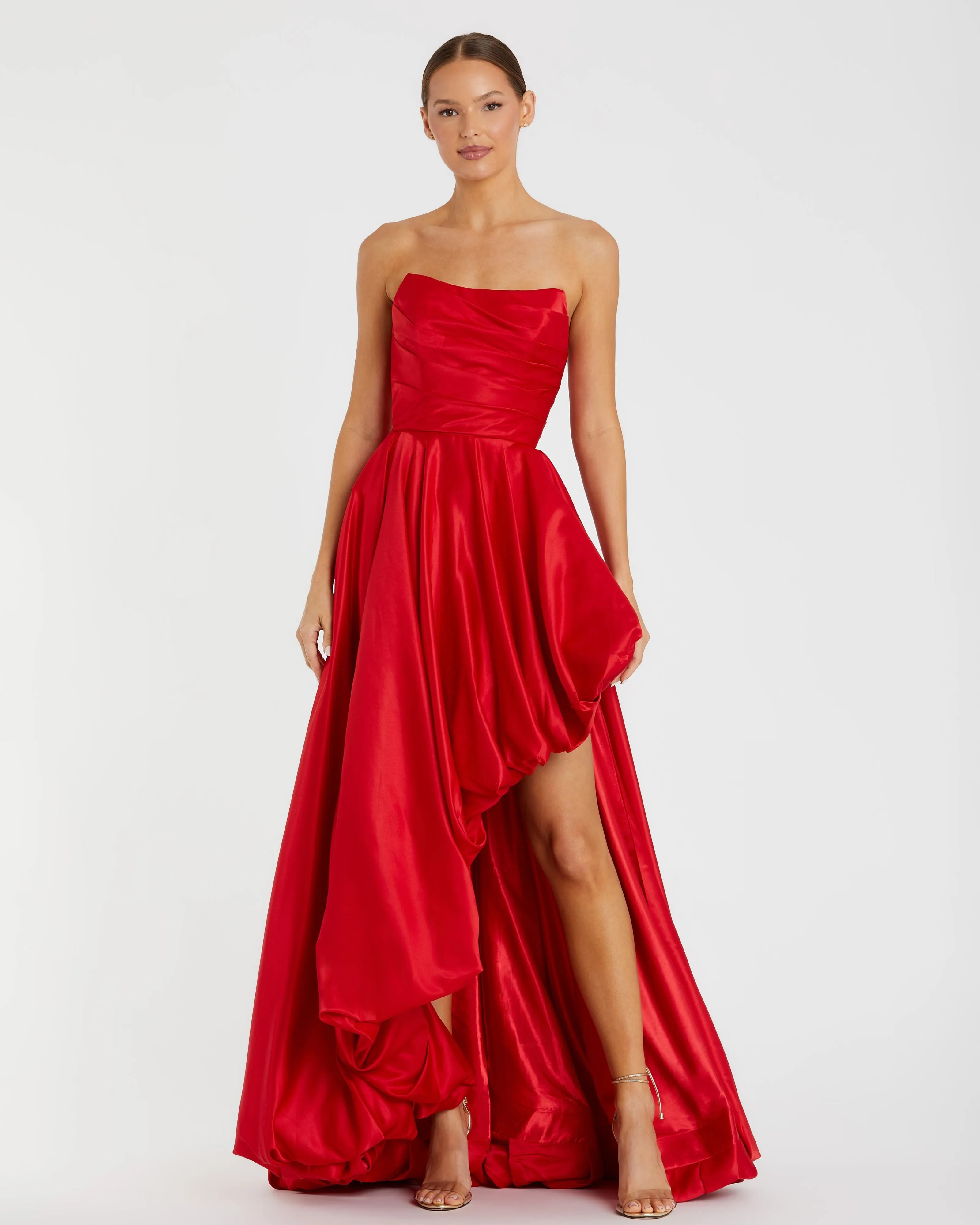 Red Strapless Ruched High Low Gown sold by Mac Duggal