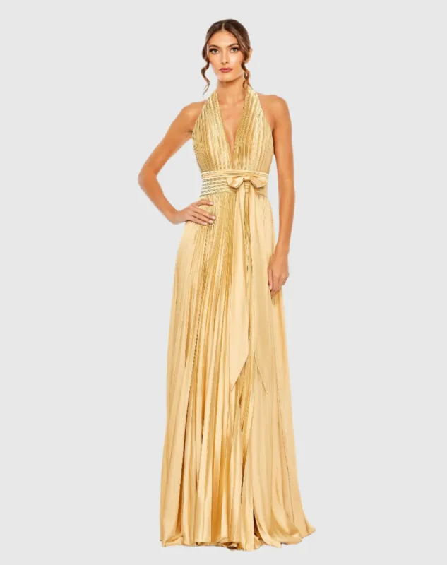 Pleated Halter Neck Gown with Center Bow sold by Mac Duggal