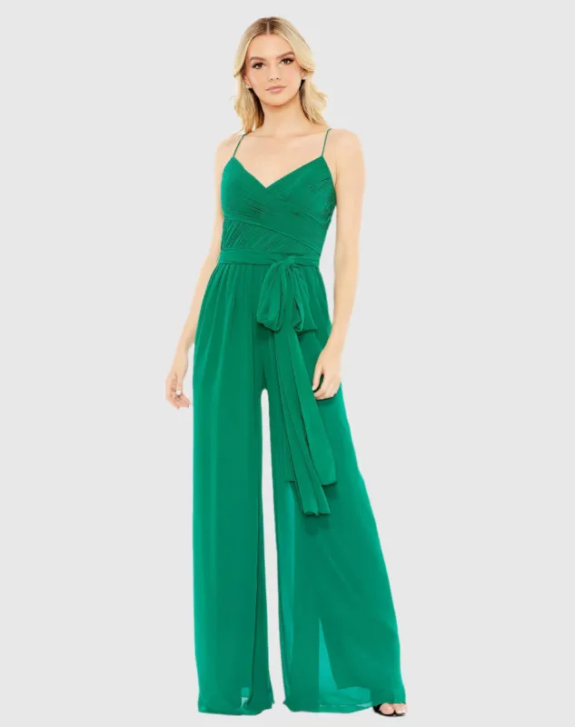 Green Ruched Sleeveless Tie Jumpsuit sold by Mac Duggal