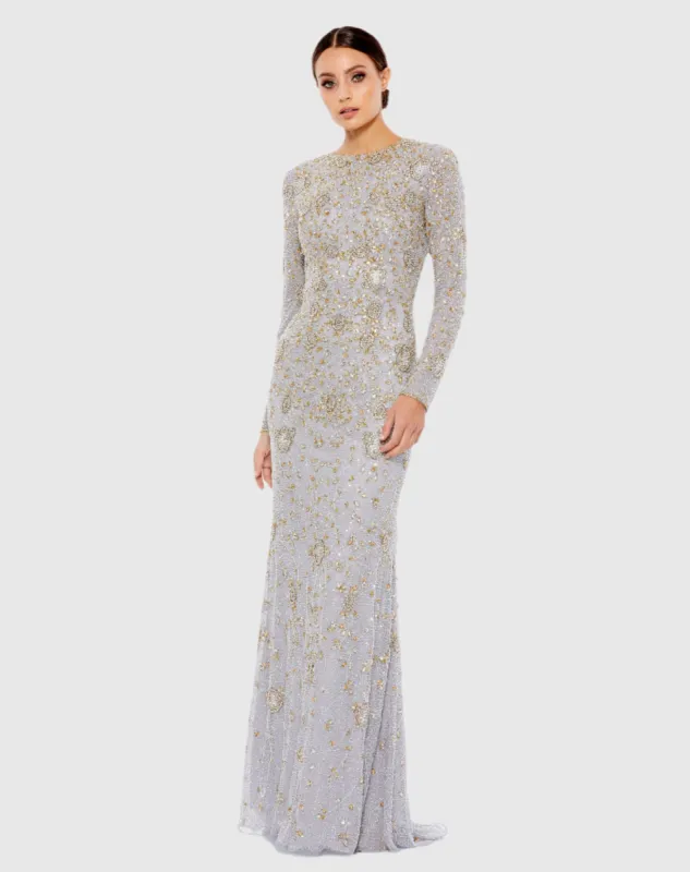 Silver Two Tone Beaded High Neck Long Sleeve Gown sold by Mac Duggal