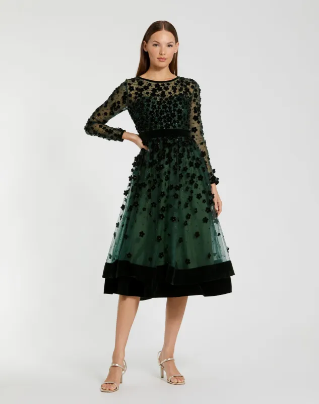 Embellished Illusion High Neck Long Sleeve Fit & Flare Dress sold by Mac Duggal