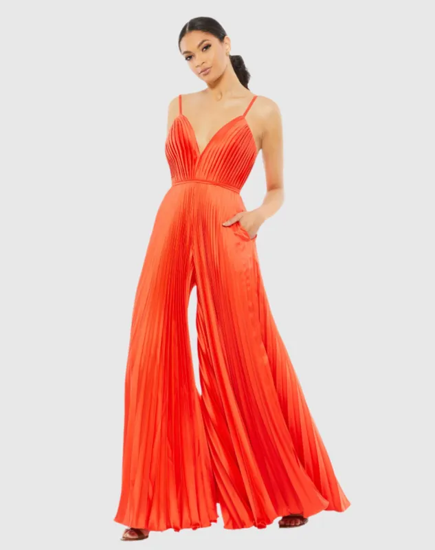 Orange Pleated Plunge Neck Wide Leg Jumpsuit sold by Mac Duggal