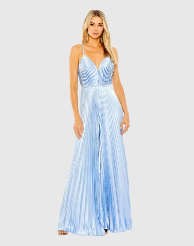 Light Blue Pleated Plunge Neck Wide Leg Jumpsuit sold by Mac Duggal