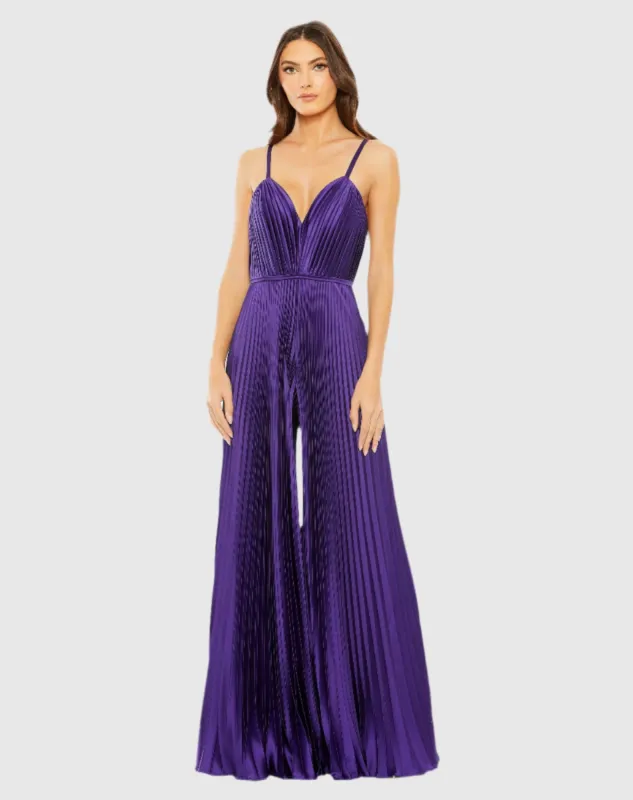 Purple Pleated Plunge Neck Wide Leg Jumpsuit sold by Mac Duggal
