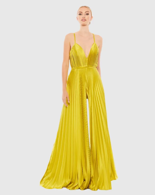 Green Pleated Plunge Neck Wide Leg Jumpsuit sold by Mac Duggal