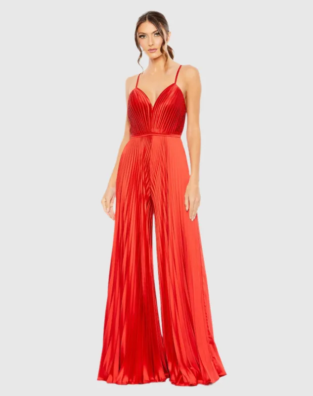 Red Pleated Plunge Neck Wide Leg Jumpsuit sold by Mac Duggal