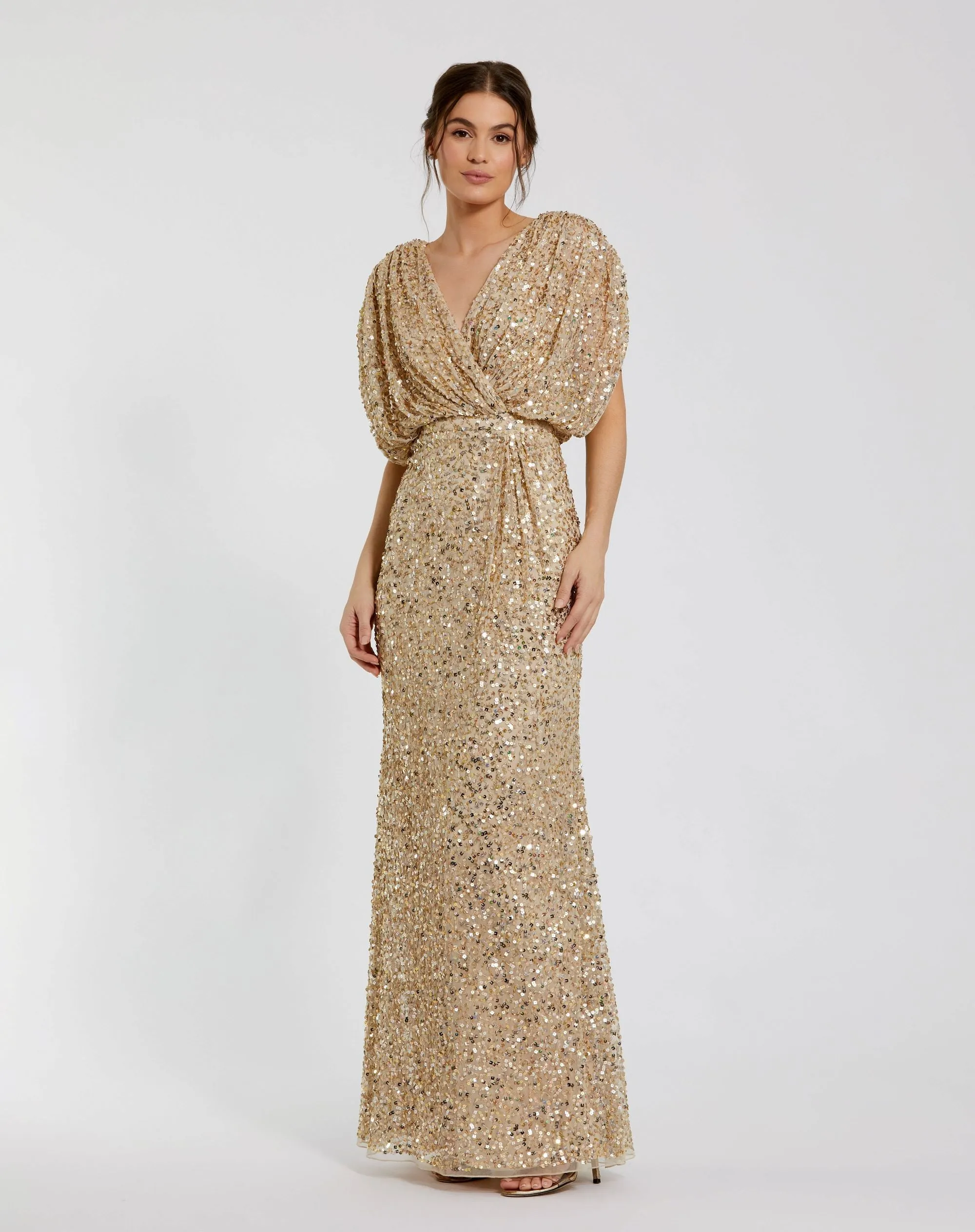 Draped Sleeve V Neck Gown sold by Mac Duggal