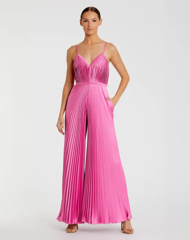 Pink Pleated Plunge Neck Wide Leg Jumpsuit sold by Mac Duggal