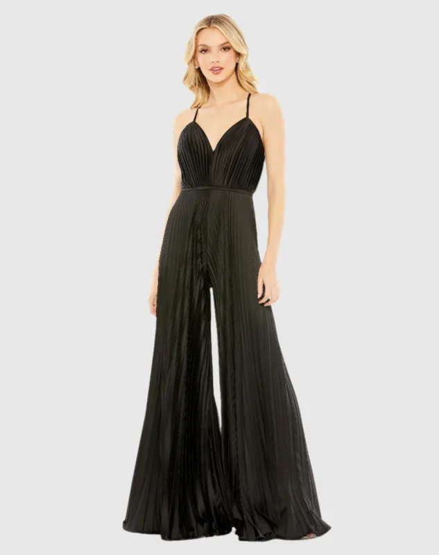 Black Pleated Plunge Neck Wide Leg Jumpsuit sold by Mac Duggal