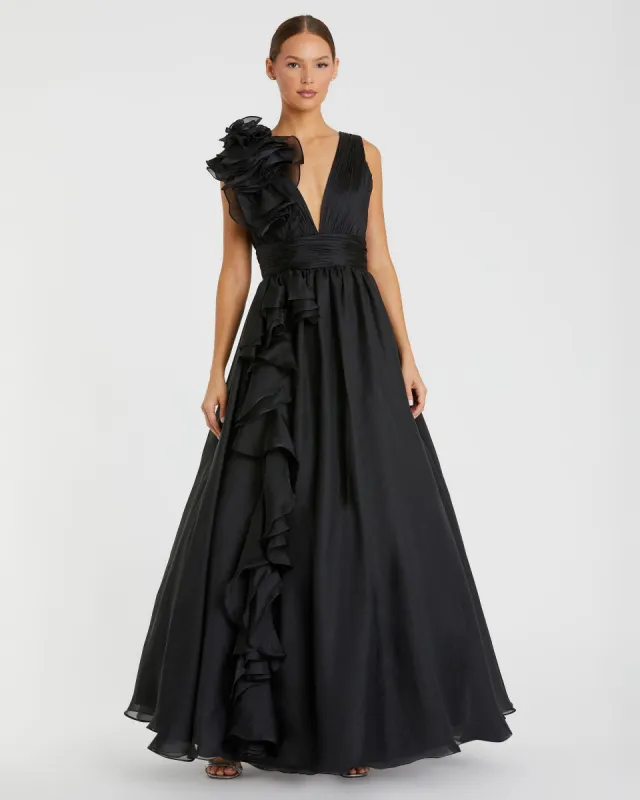 Ruffle Shoulder V-Neck Chiffon Gown sold by Mac Duggal