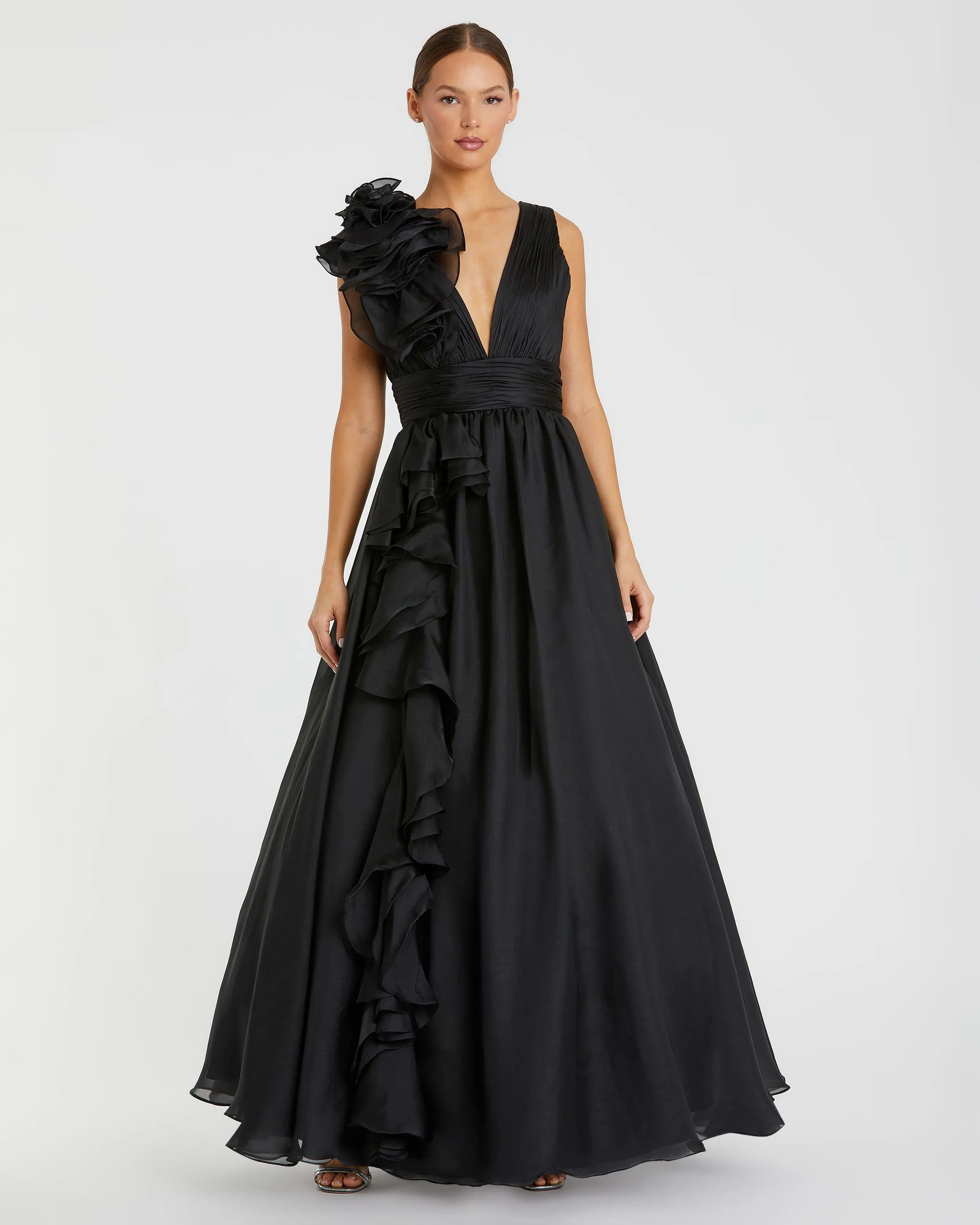 Ruffle Shoulder V-Neck Chiffon Gown sold by Mac Duggal