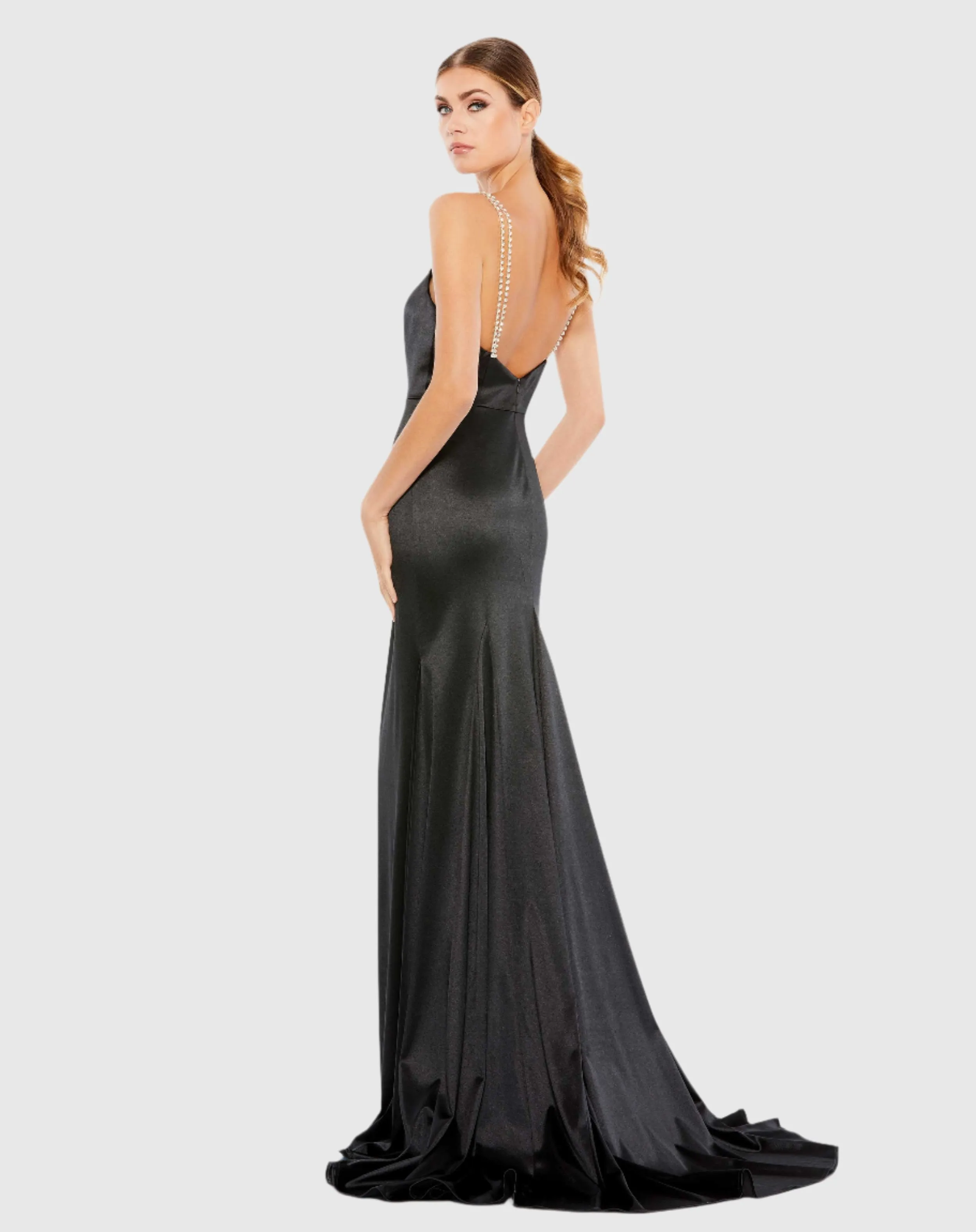 Black Charmeuse Rhinestone Strap Trumpet Gown sold by Mac Duggal product image thumbnail 3