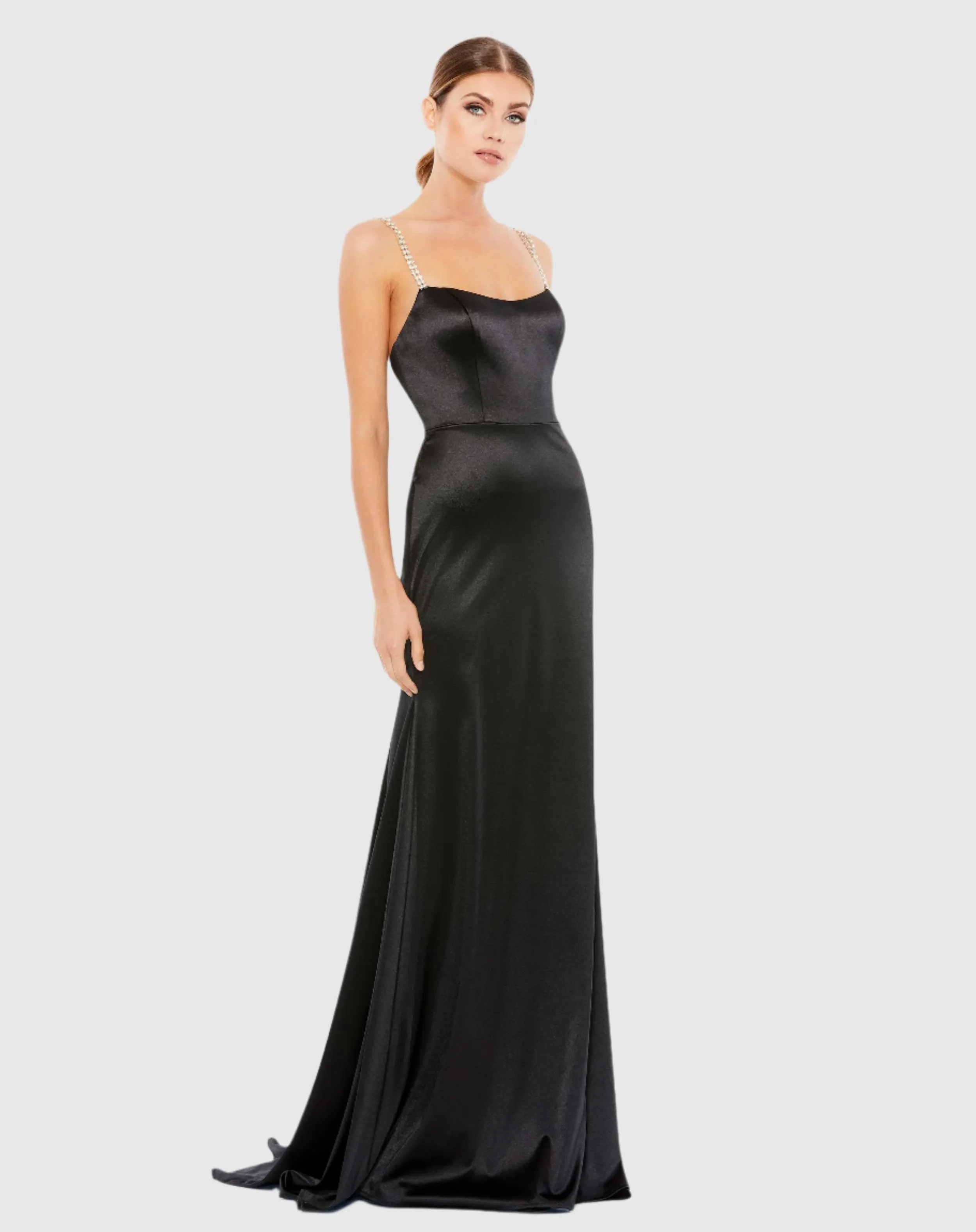 Black Charmeuse Rhinestone Strap Trumpet Gown sold by Mac Duggal