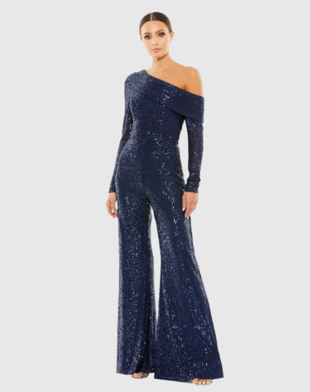 Blue Sequined Drop Shoulder Long Sleeve Jumpsuit sold by Mac Duggal