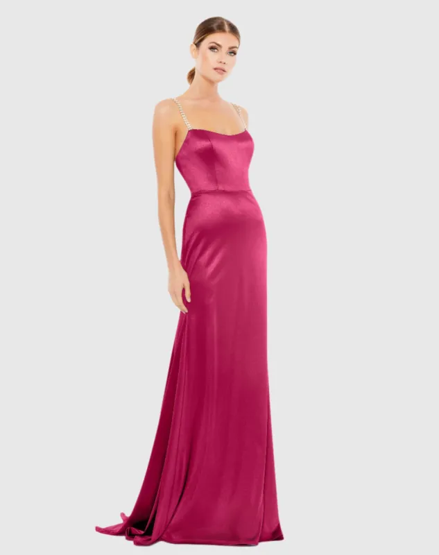 Pink Charmeuse Rhinestone Strap Trumpet Gown sold by Mac Duggal