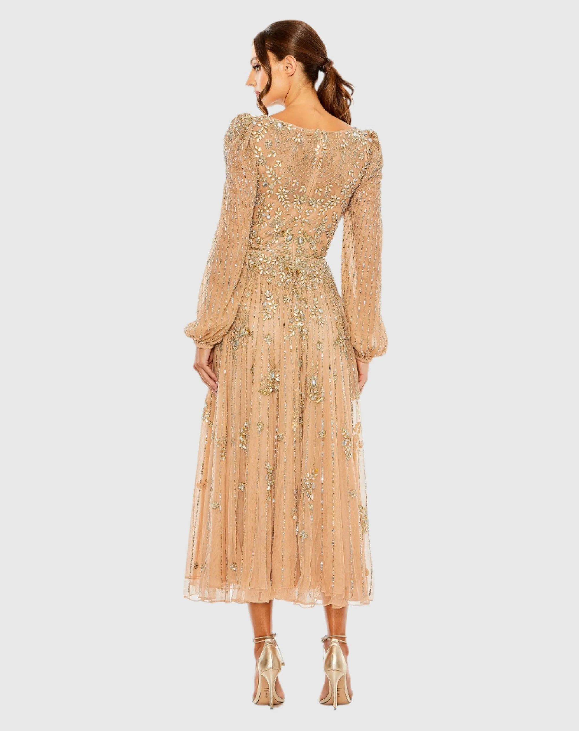 Beige Floral Embellished High Neck Puff Long Sleeve A Line Midi Dress sold by Mac Duggal product image thumbnail 3