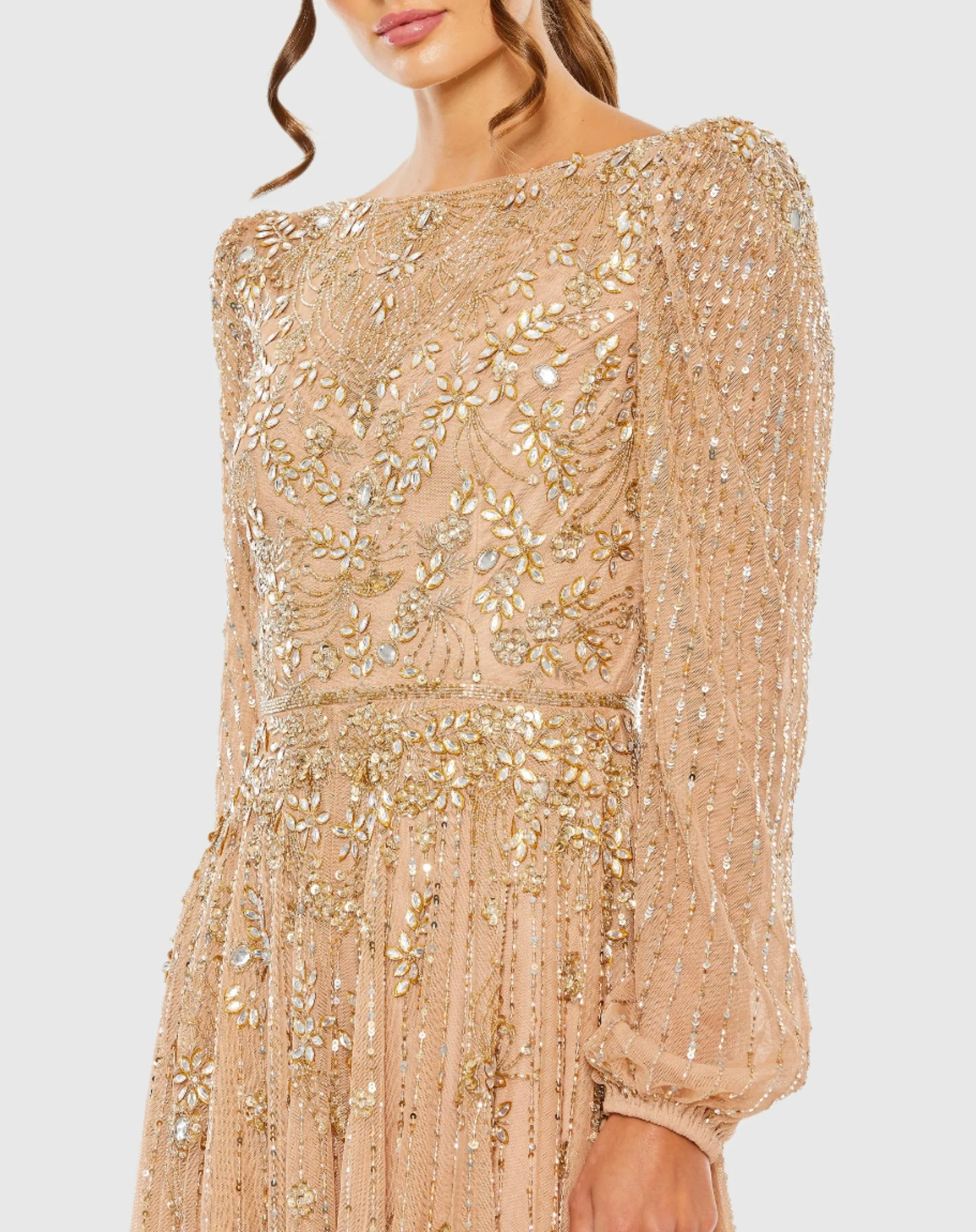 Beige Floral Embellished High Neck Puff Long Sleeve A Line Midi Dress sold by Mac Duggal product image thumbnail 2