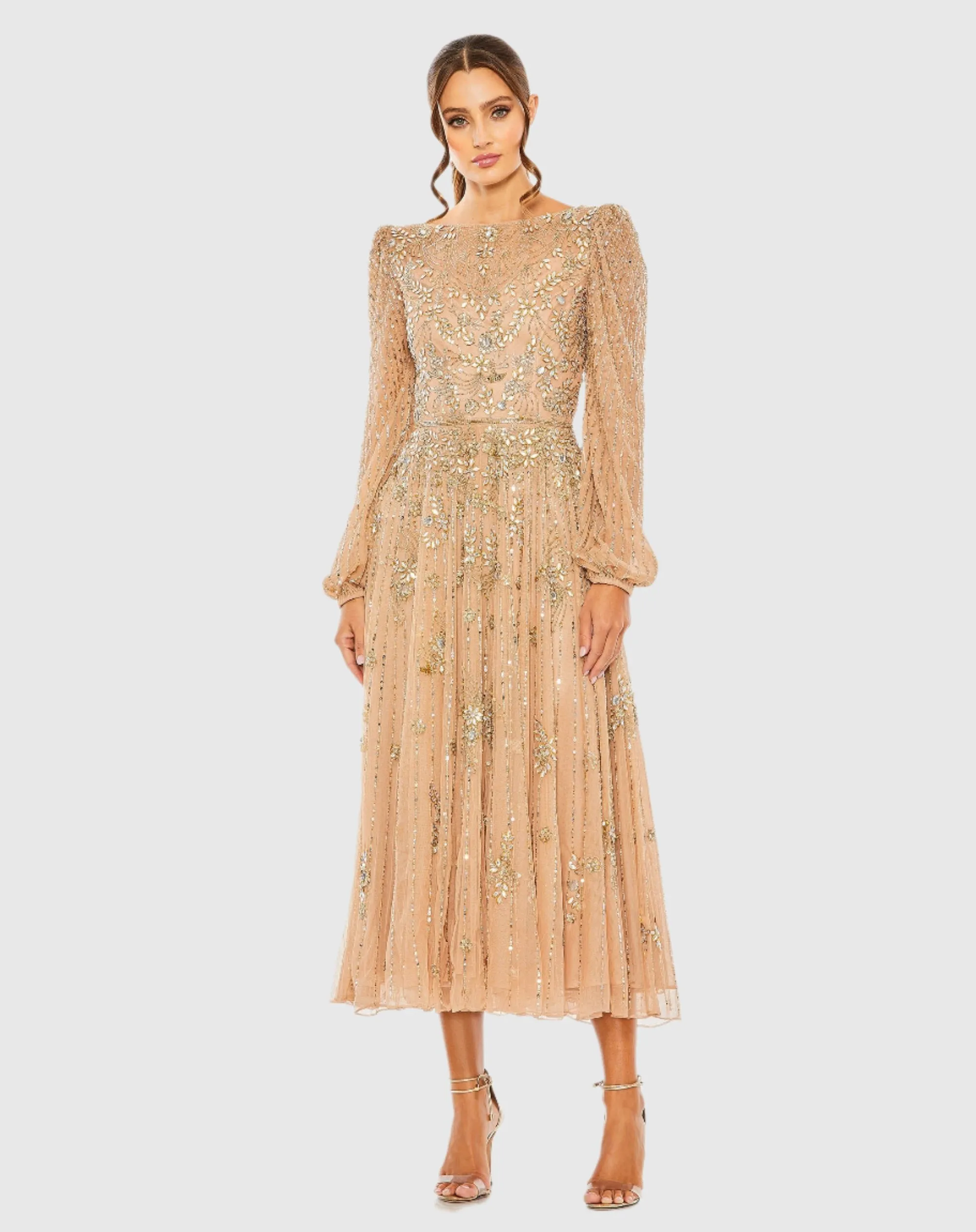 Beige Floral Embellished High Neck Puff Long Sleeve A Line Midi Dress sold by Mac Duggal