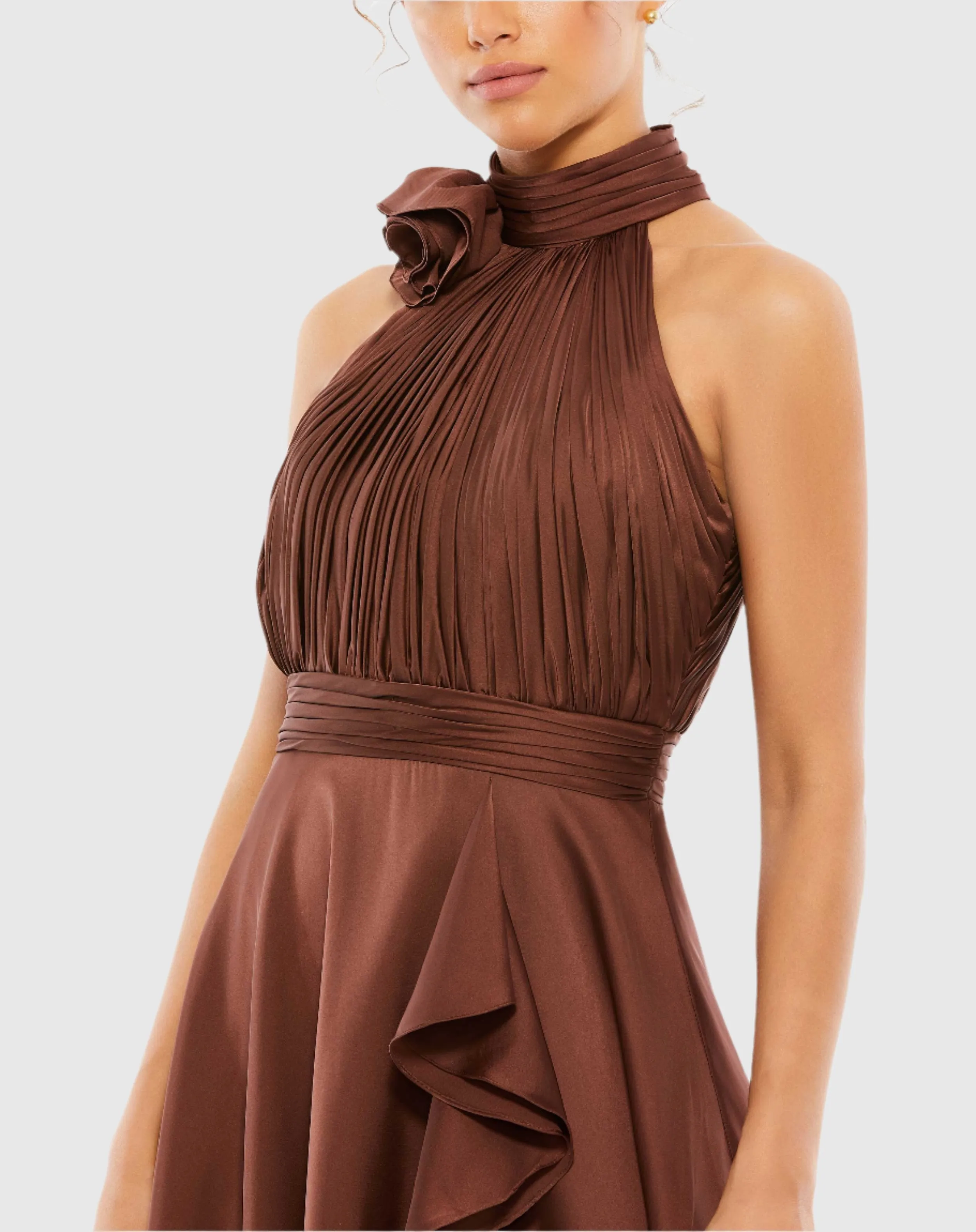 Brown Halter Neck Flower Detail Ruffled Midi Dress sold by Mac Duggal product image thumbnail 2