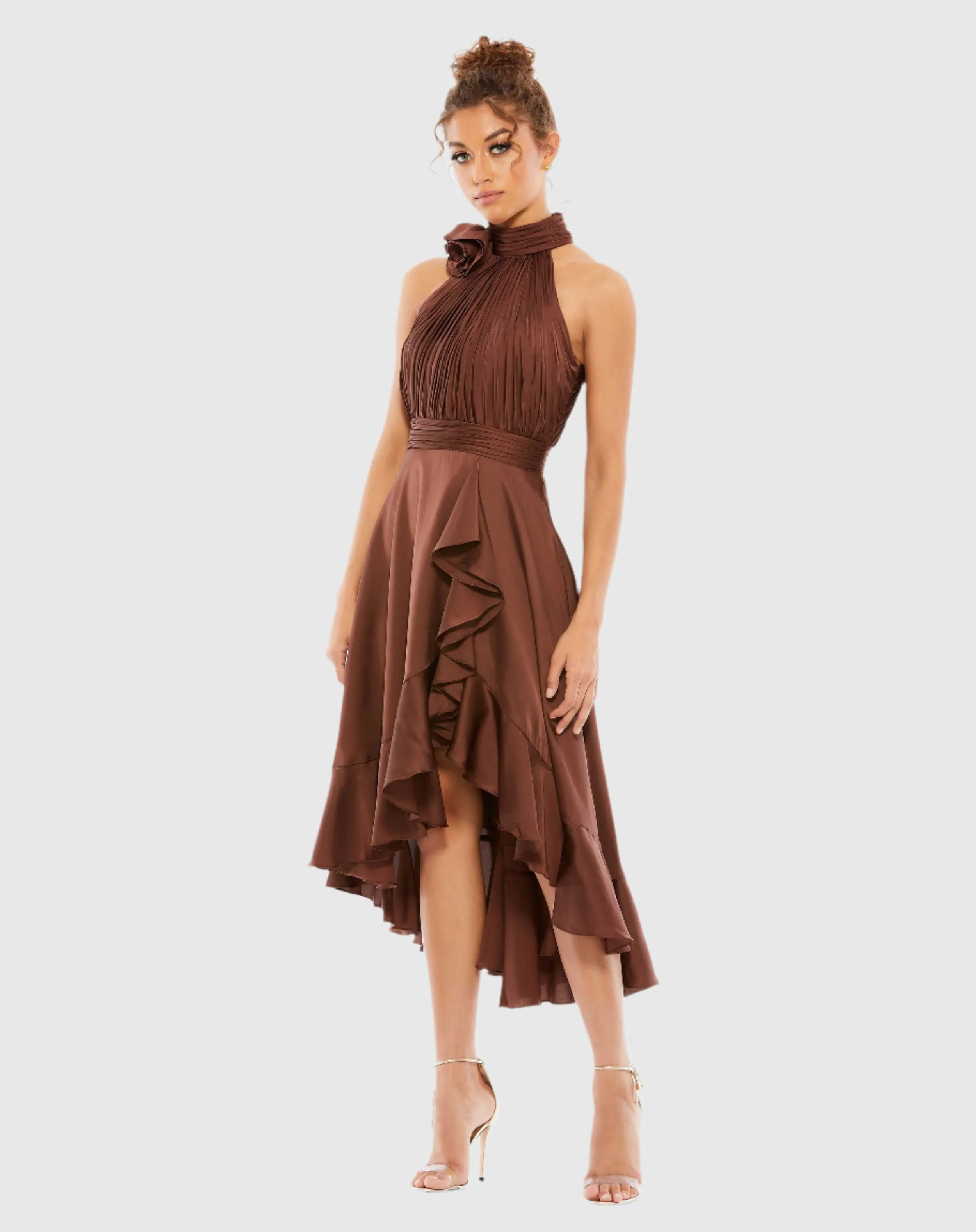 Brown Halter Neck Flower Detail Ruffled Midi Dress sold by Mac Duggal