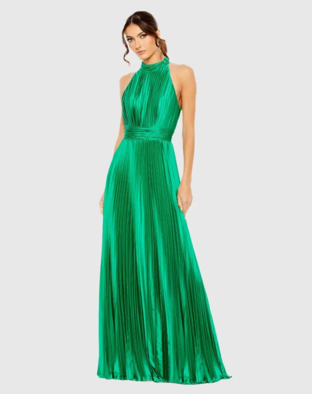 Green Pleated High Neck Satin Sleeveless Halter Gown sold by Mac Duggal