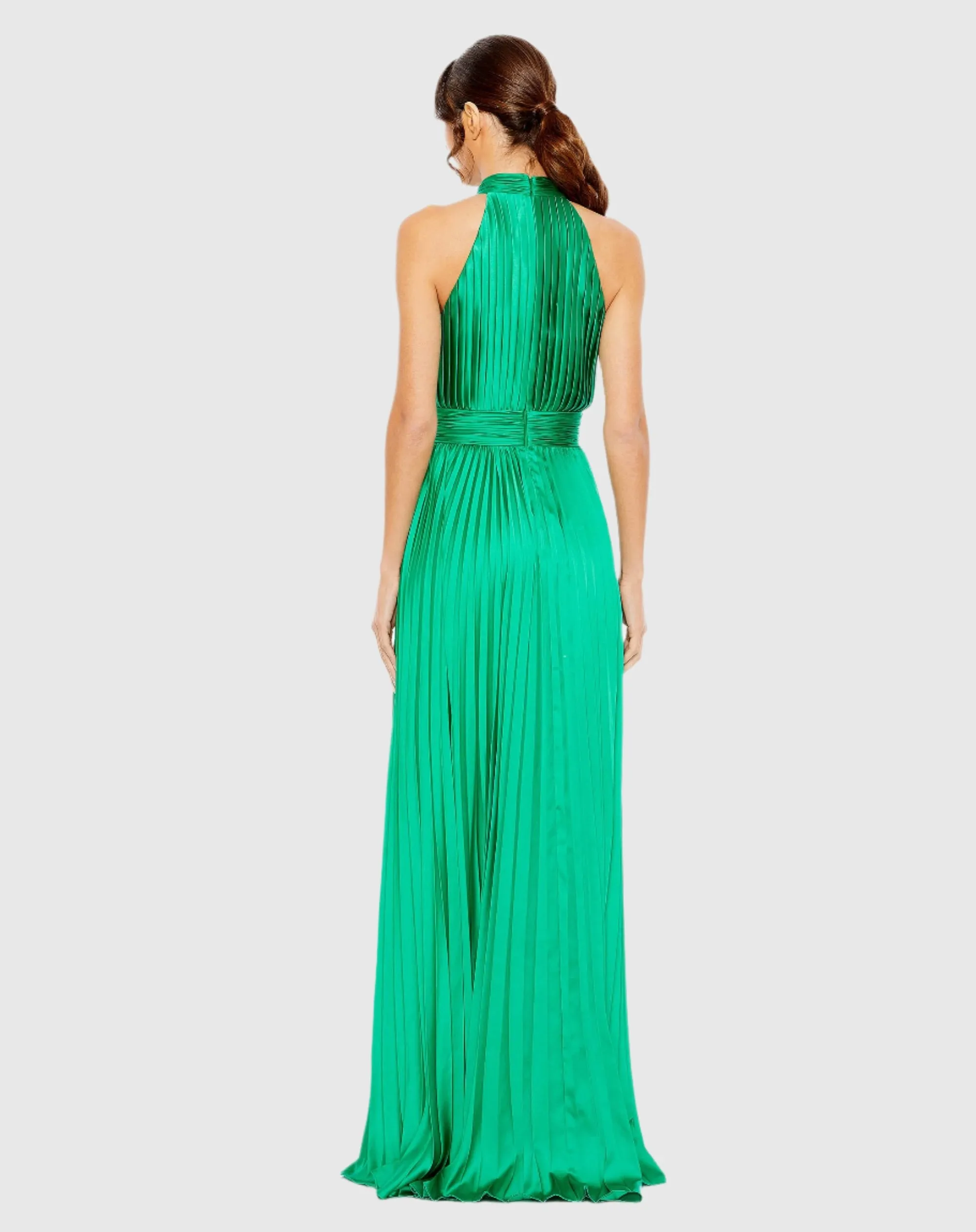 Green Pleated High Neck Satin Sleeveless Halter Gown sold by Mac Duggal product image thumbnail 3