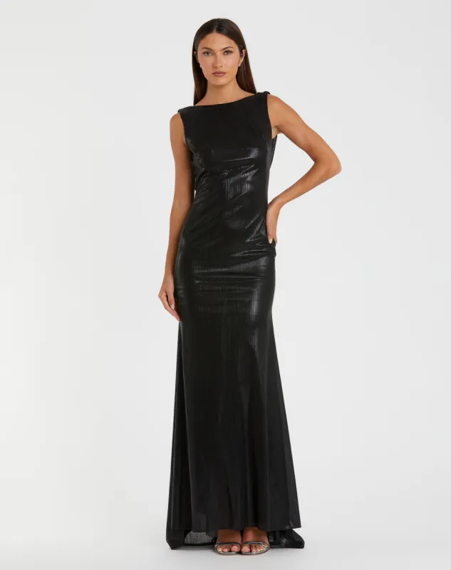 Black Metallic Jersey Cowl Back Column Gown sold by Mac Duggal