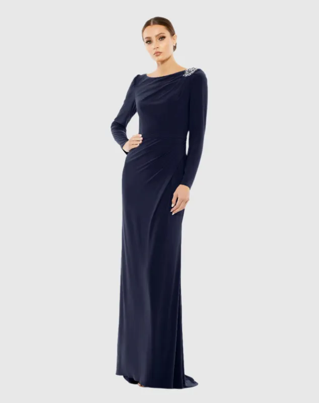 Navy Draped Bateau Long Sleeve Trumpet Gown made by Mac Duggal