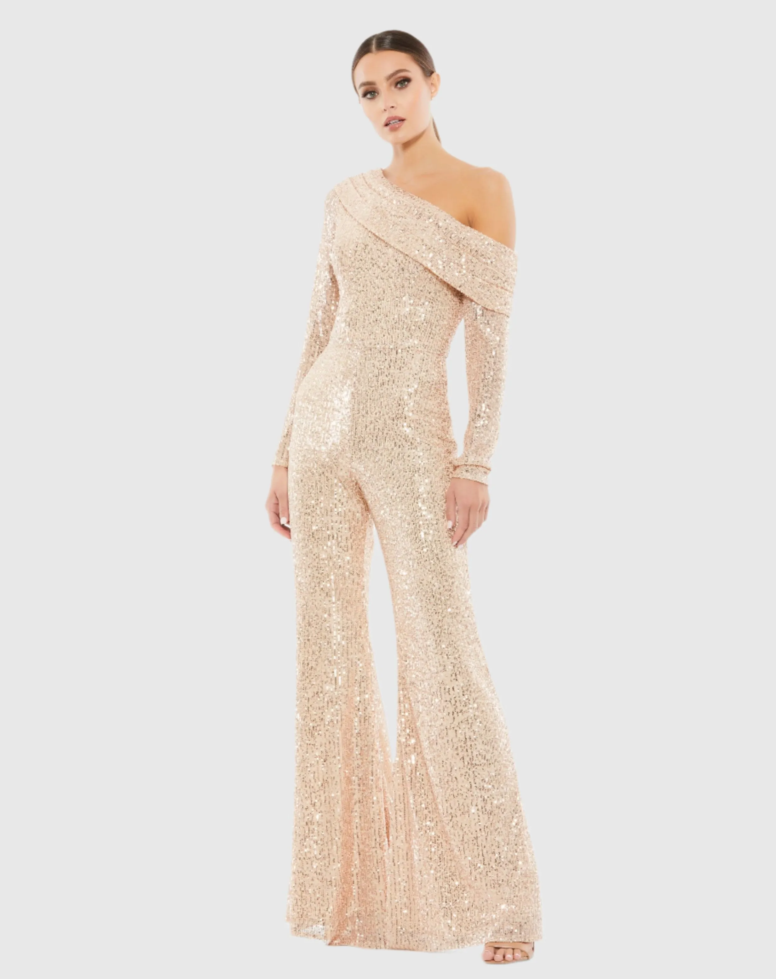 Gold Sequined Drop Shoulder Long Sleeve Jumpsuit sold by Mac Duggal