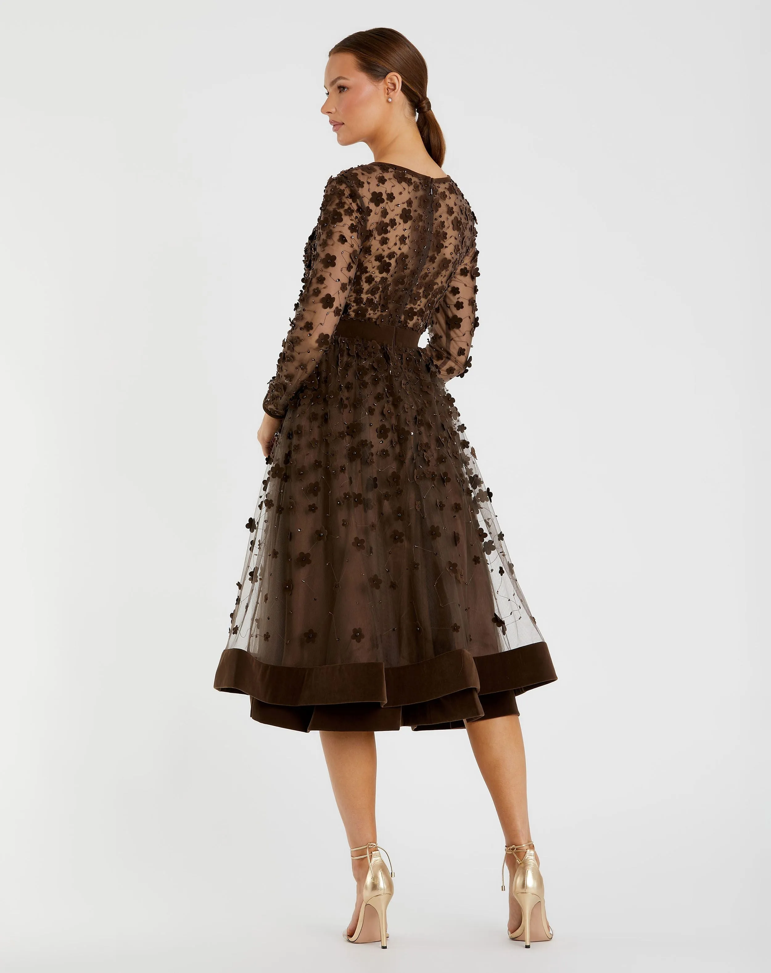 Brown Embellished Long Sleeve Velvet Trim A-Line Midi Dress sold by Mac Duggal product image thumbnail 3
