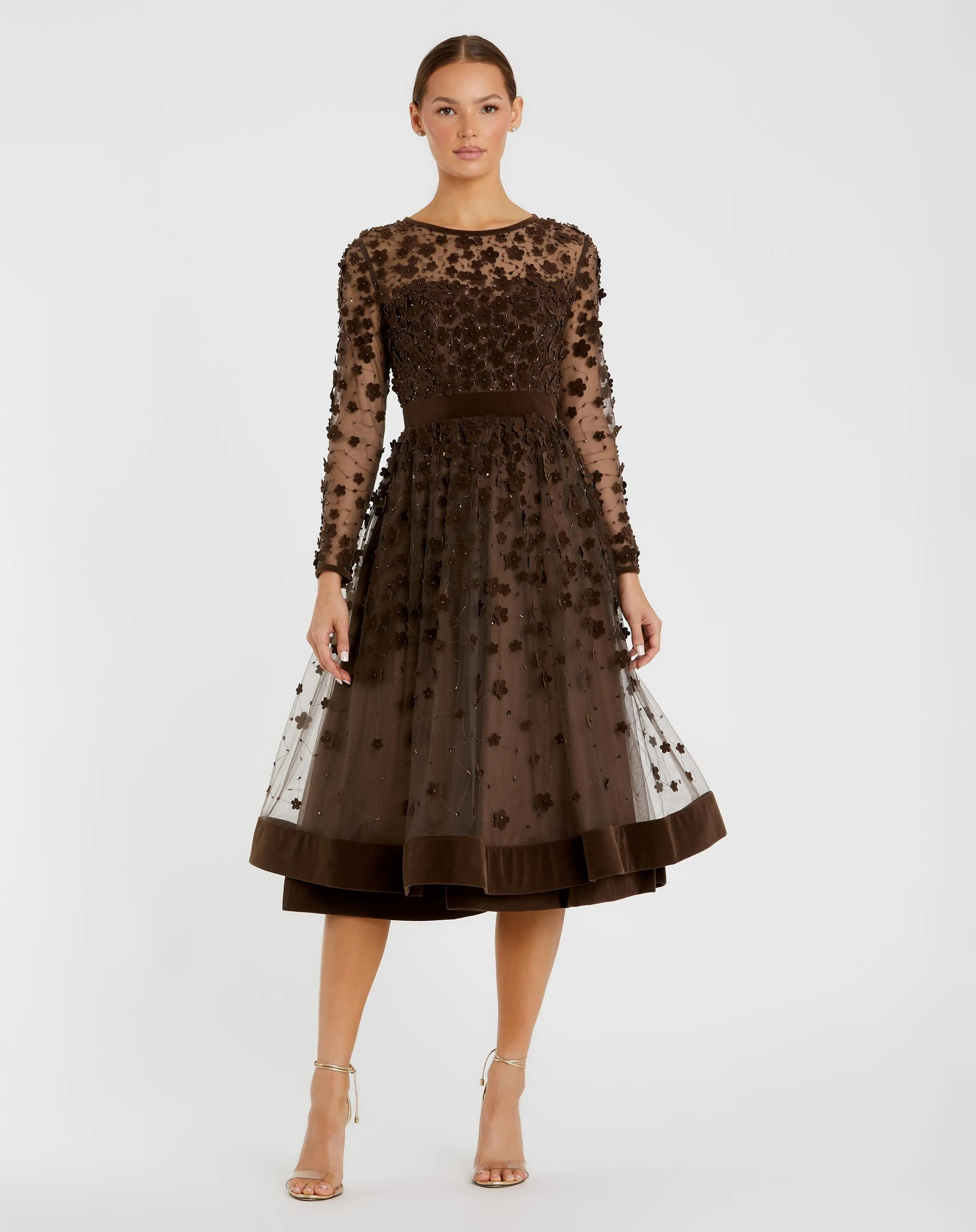 Brown Embellished Long Sleeve Velvet Trim A-Line Midi Dress sold by Mac Duggal