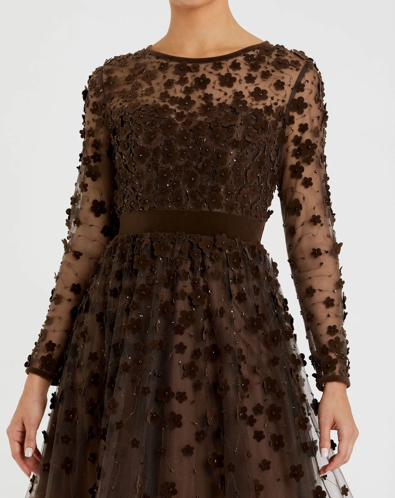 Brown Embellished Long Sleeve Velvet Trim A-Line Midi Dress sold by Mac Duggal product image thumbnail 2