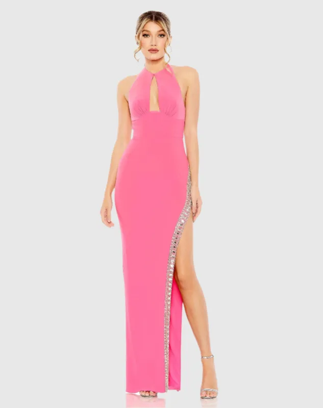 Pink Jersey Halter Neck Beaded Slit Detail Gown sold by Mac Duggal