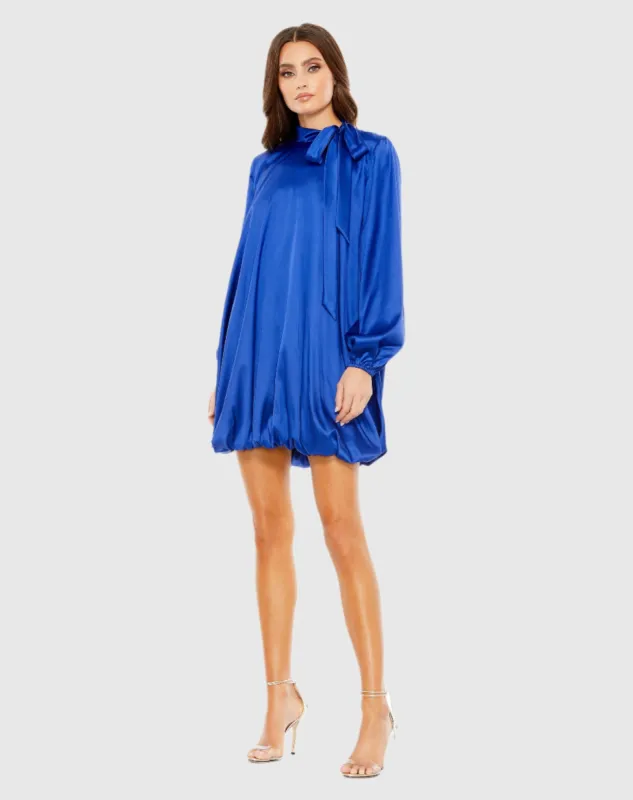 Blue High Neck Long Sleeve Bubble Hem Dress sold by Mac Duggal
