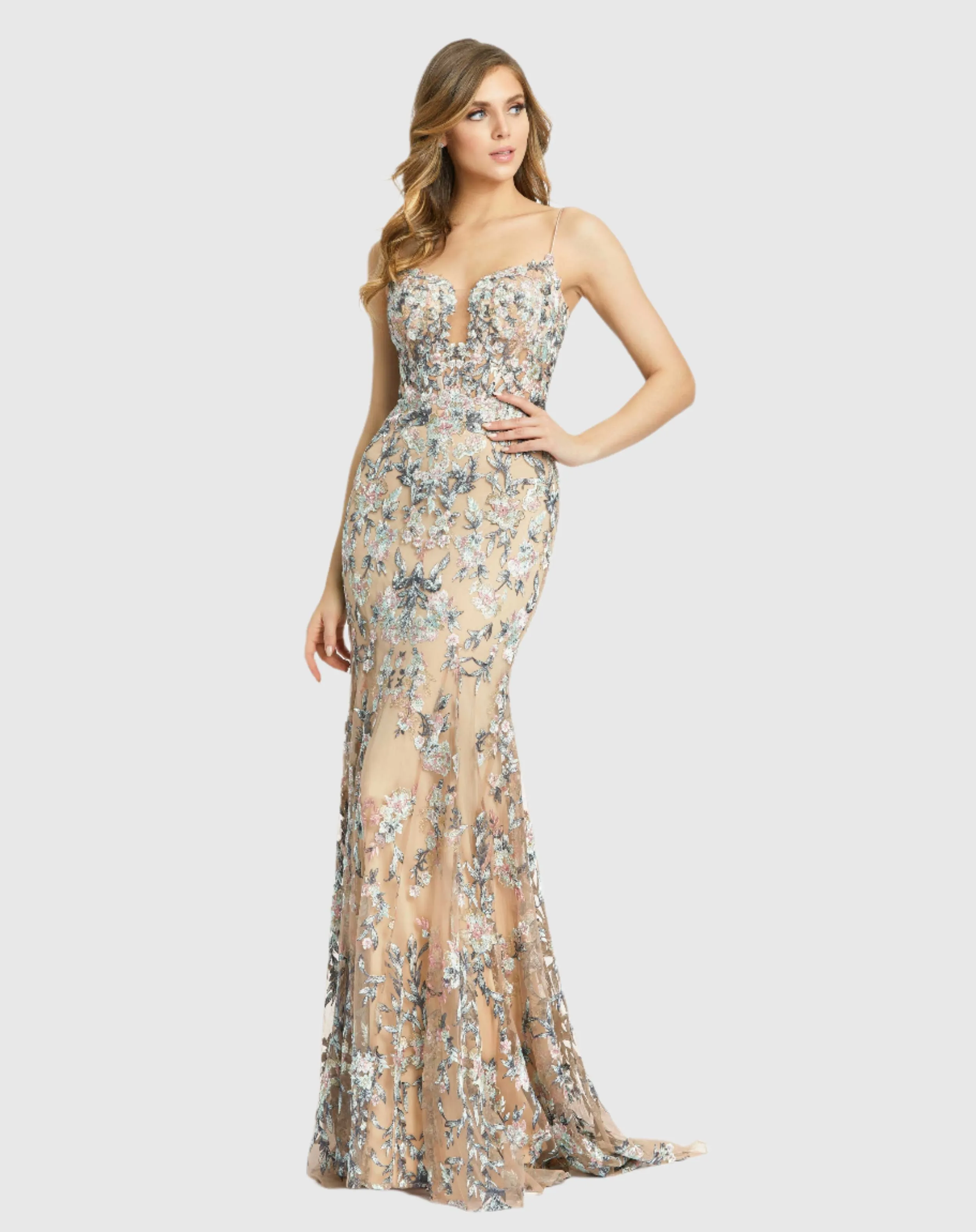Embroidered Spaghetti Strap Trumpet Gown sold by Mac Duggal