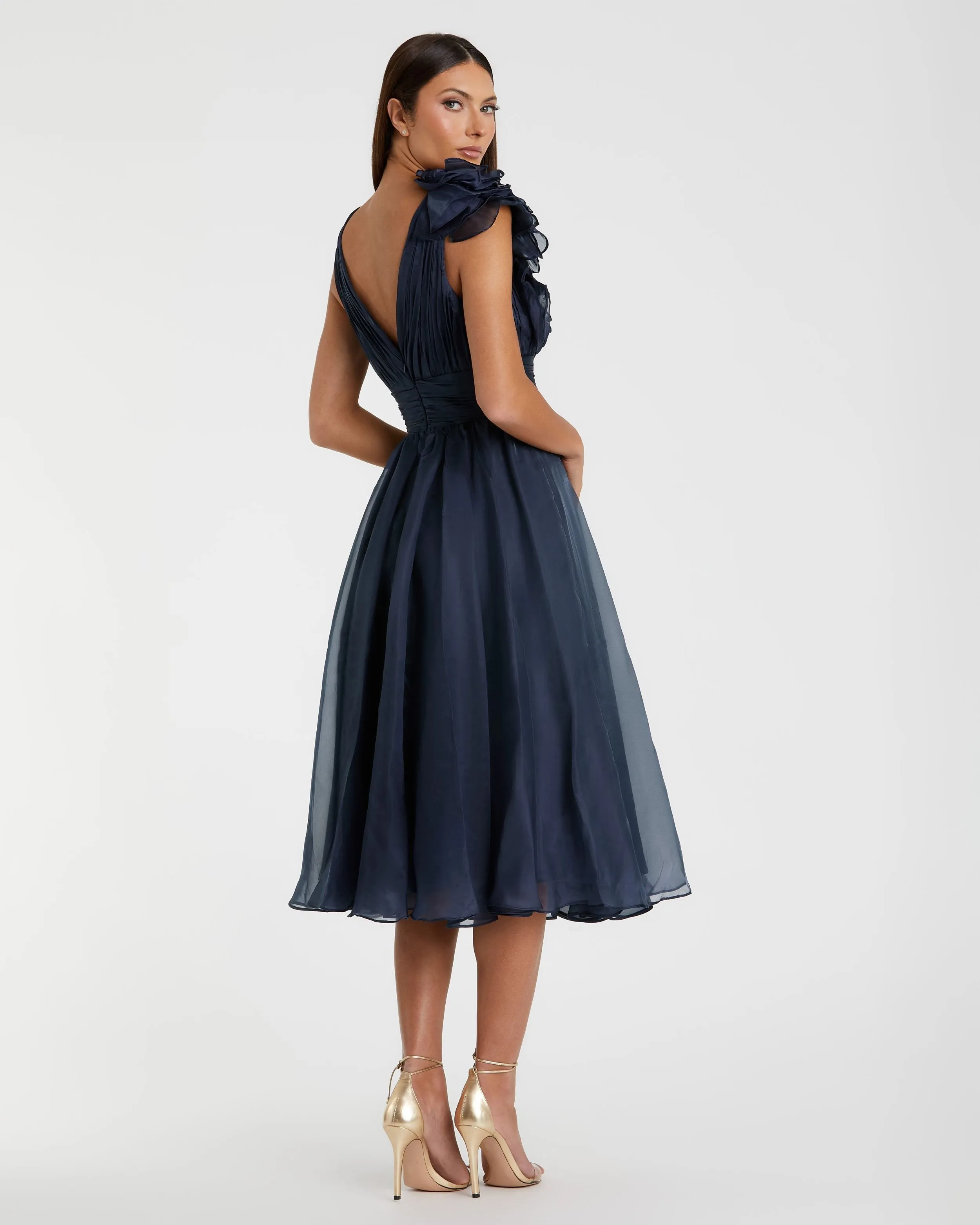 Navy Sleeveless Chiffon A-Line Tea Length Cocktail Dress sold by Mac Duggal product image thumbnail 3